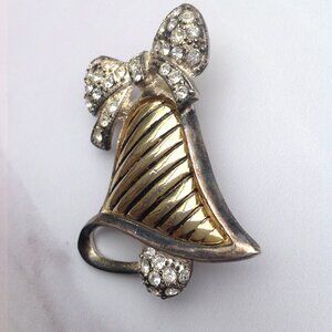 Animated Bell w Crystal Bow Christmas Brooch 1960s MCM